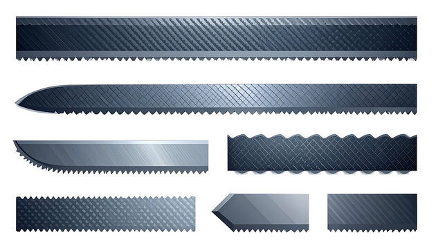 Collection of metal file textures, rasp blades, and saw edges for tool and industrial design, creating rough surfaces
