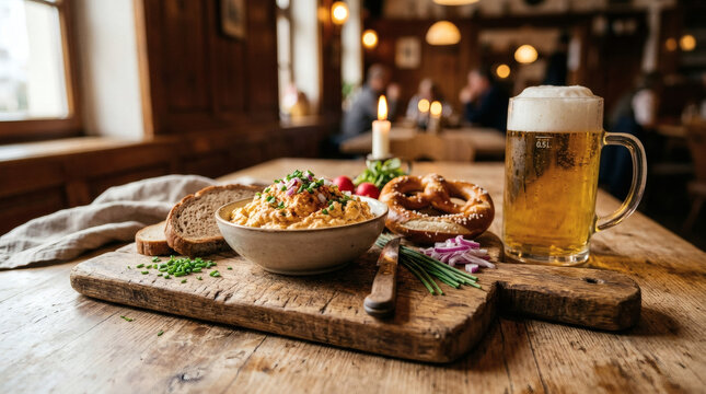 Obatzda Cheese Dip with Bavarian Beer on Rustic Wooden Board