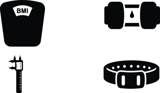 Fitness measurement icon set with BMI scale caliper measuring tape and belt isolated on white background black silhouette health tracking collection