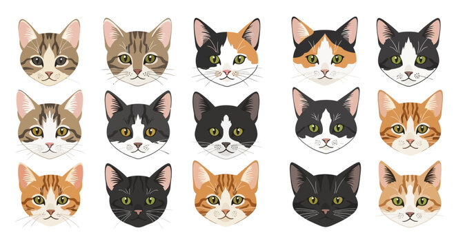 Cute Cat Faces Collection: Diverse Breeds and Colors, Digital Art