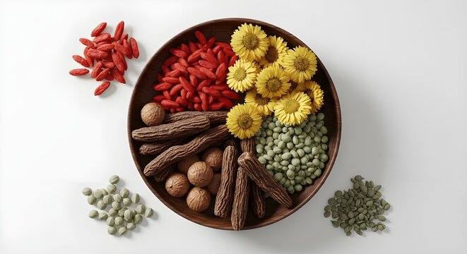 Still life of superfoods goji berries chrysanthemums carob and green peas