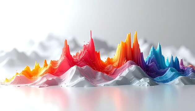 Colorful 3D mountain landscape made of pixels in vibrant rainbow colors, abstract data visualization concept, digital art