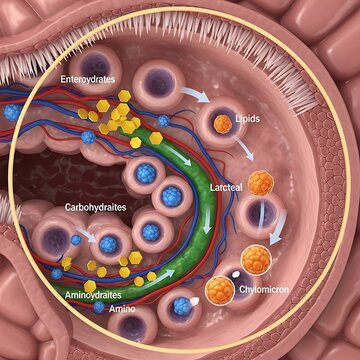 Intestinal absorption of nutrients via blood capillaries and lacteals