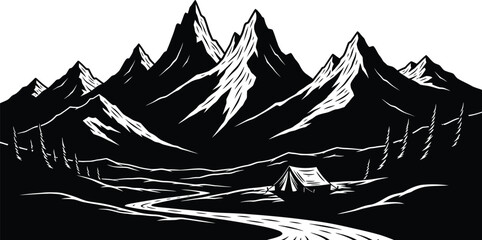 Mountain range silhouette with tent and winding road © Jobax