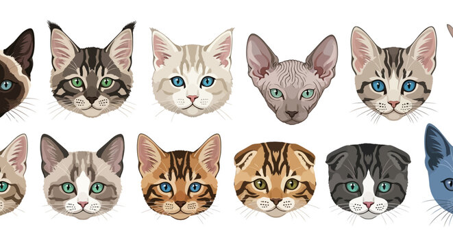 Diverse Cat Breeds Collection: Cute Feline Faces Portrait Set