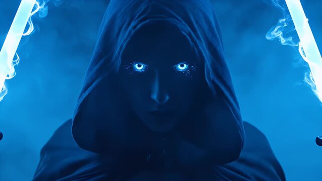 Mysterious hooded warrior with glowing blue eyes and dual light swords in dark smoke
