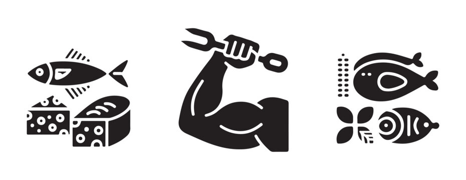 Healthy protein food icons and muscular arm silhouette for fitness nutrition and bodybuilding lifestyle set.