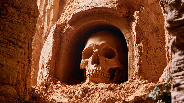 Skull in a rock niche with eye socket human remains symbolism archaeology forgotten