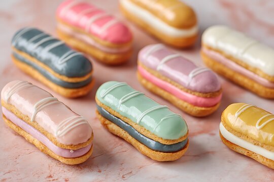 Mini pastel eclairs with alternating colored fillings on a blush marble surface 