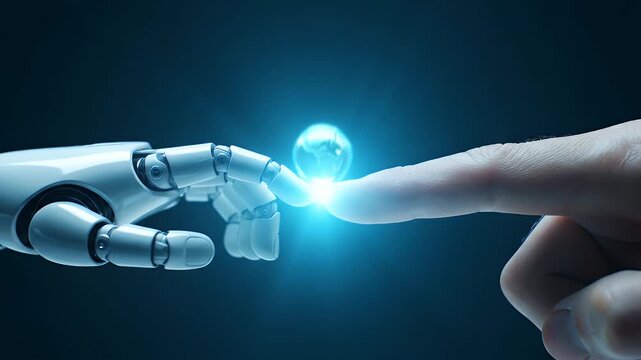 Robot and human hand connection with a glowing digital globe on dark background view