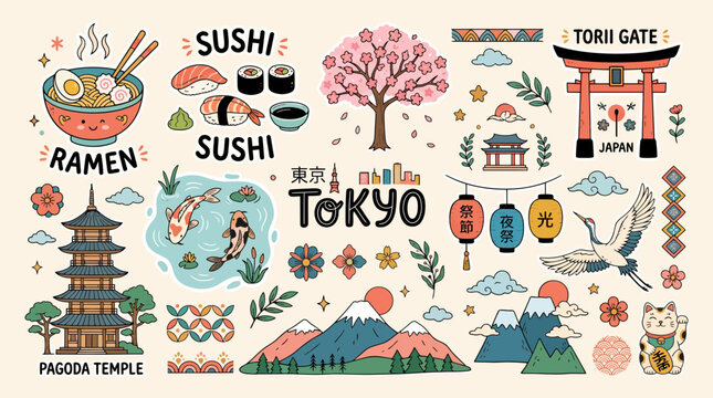 Vibrant collection of hand drawn japanese icons featuring sushi ramen pagoda temple mount fuji and traditional cultural travel elements today