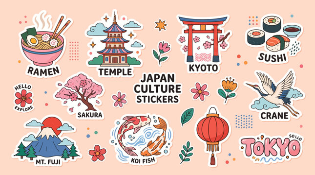 Hand drawn collection of cute japanese culture stickers featuring traditional food landmarks and iconic symbols from across the island nation