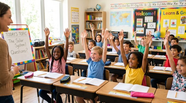 Diverse elementary school students raising hands in classroom, happy children participating in lesson with female teacher, bright primary school education