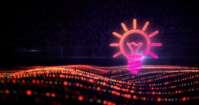 Bulb inspiration idea and creative concept symbol on digital waves. Abstract icon over digital sea and flowing cyber waves background animation.