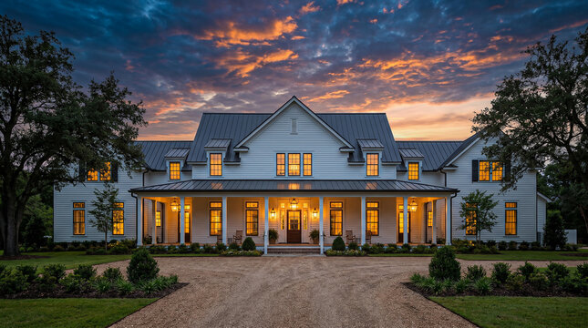 Grand white farmhouse architecture with sprawling porch and dormer windows under dramatic sunset colored sky clouds.