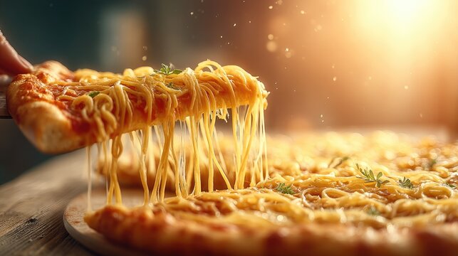 Vibrant pizza display on rustic wooden table with cheese pull and unique noodle toppings in natural light settings