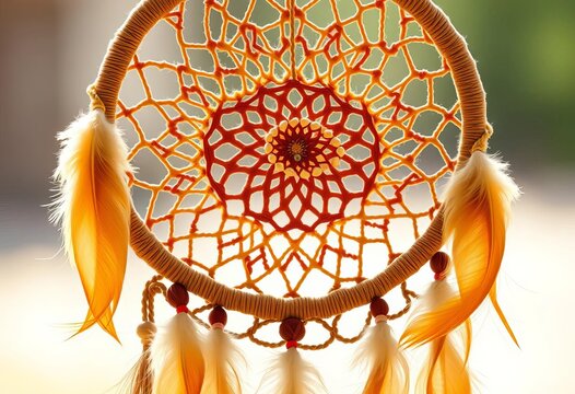 Intricate woven dream catcher with feathers and beads, boho chic style,  decoration,  mystic