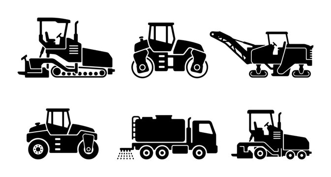 Road Construction Equipment Icons, Heavy Machinery Set, Asphalt Paver, Roller, Grader, Truck Vector Graphics