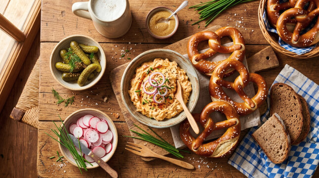 Bavarian Appetizer Spread with Obatzda and Pretzels on Wooden Table