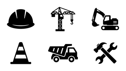 Construction Icons Set, Heavy Machinery & Safety Gear Vector Graphics, Industrial Building Elements, Tools & Equipment Symbols © Abul