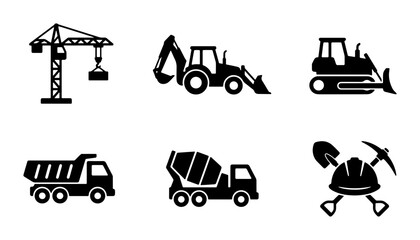 Construction Equipment Icons Set: Crane, Excavator, Bulldozer, Dump Truck, Cement Mixer, Tools  Industrial Machinery Vector Graphics for Building Projects © Abul