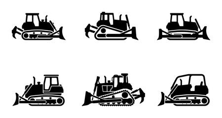 Set of Six Black Bulldozer Icons, Construction Vehicle Silhouettes, Heavy Machinery Vector Graphics for Industry and Engineering Projects © Samira