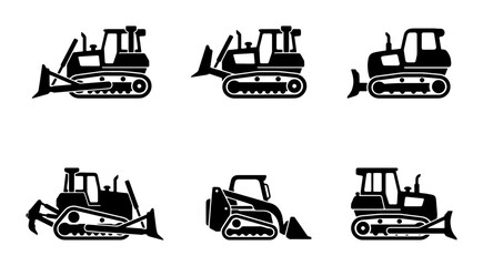 Bulldozer Icons Set, Heavy Equipment Vector Graphics, Construction Machinery Collection, Earthmover Machine Illustrations © Samira