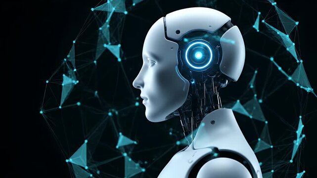 Humanoid robot head profile with a glowing blue digital network on black background.