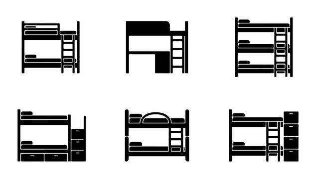 Bunk Bed Icons Set, Stacked Sleeping Furniture Vector Graphics, Space-Saving Bed Designs for Children and Dormitories