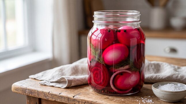 Pickled eggs in beet brine in a glass jar on rustic wooden table  