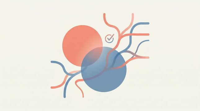 Abstract two soft overlapping circles with branching lines
