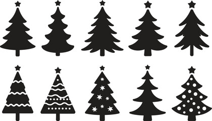 Obraz premium Christmas tree silhouettes, black fir icons with stars and ornaments, festive winter holiday pine collection for seasonal graphic design.