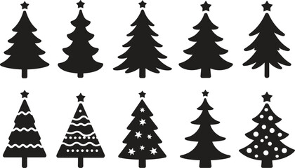 Obraz premium Christmas tree silhouettes, holiday evergreen fir icons, seasonal pine decoration, winter celebration elements, festive spruce forest
