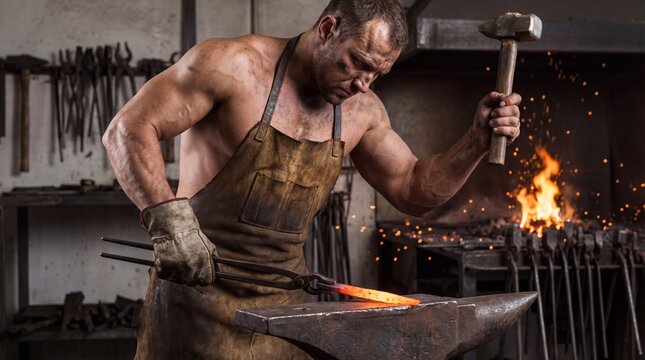 Blacksmith forging metal with hammer while working at an anvil  