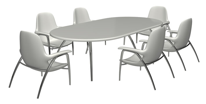 Outdoor dining patio or bistro set: armchairs and oval table with light-colored top supported by thin chrome curved legs. 3d illustration isolated on white