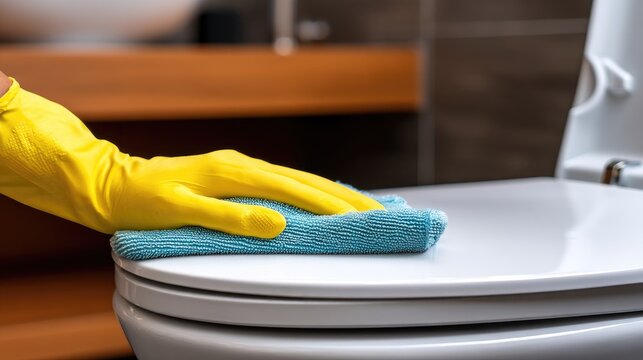 Hand with yellow rubber glove cleans toilet bowl with blue cloth in bathroom setting with wooden and tiled elements