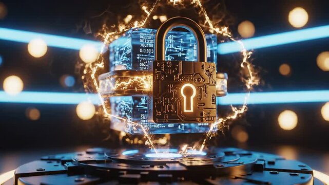 Data cube with padlock spins while showing charged particles in high tech digital space. Background features blue lines and glowing lights