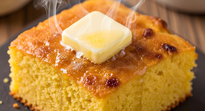 Delicious slice of golden cornbread topped with melting butter, ready to eat.