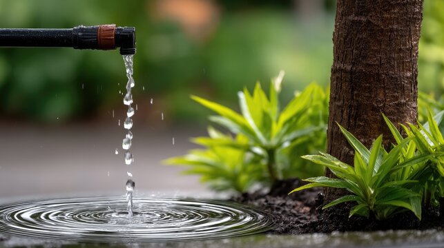 Drip irrigation setup in a garden showing water release from an emitter onto dark soil around a young tree with green plants in sunlight