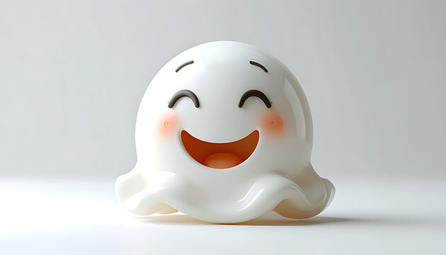 Cute cartoon ghost character with blushing cheeks and wide happy smile, simple 3D illustration for Halloween or kids themes
