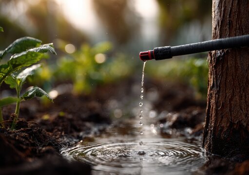 Close up view of drip irrigation system showing water dripping from red emitter creating ripples in soil around plants