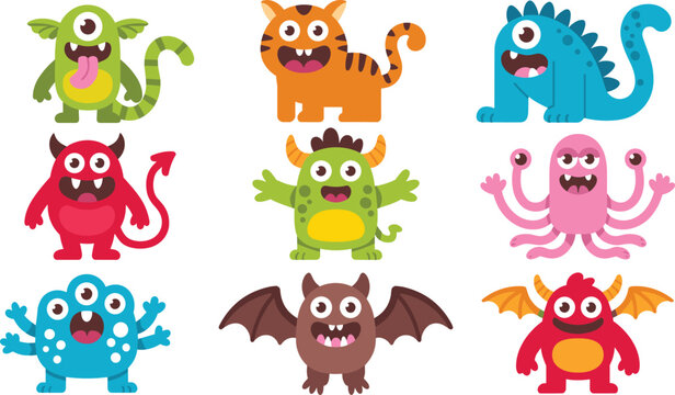Cute cartoon monster character vector set featuring friendly colorful aliens and beasts in flat design