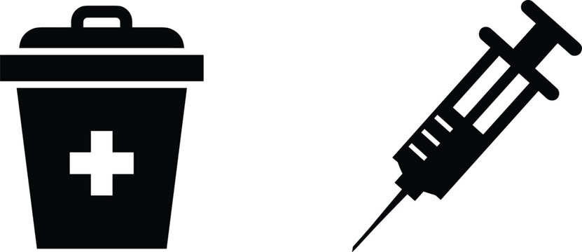 Medical waste and injection icon set with biohazard container syringe and disposal bin isolated on white background black silhouette healthcare collection
