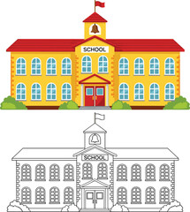 Fototapeta premium Set of School Building Vector Illustrations Featuring a Colorful Brick Version and a Black and White Line Art Version for Education and Coloring Activities
