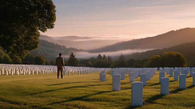 Rows of white memorial markers disappear into early morning mist, a lone bugler silhouette standing at the far end, ideal for war memorial tribute, national remembrance, and modern solemnity theme