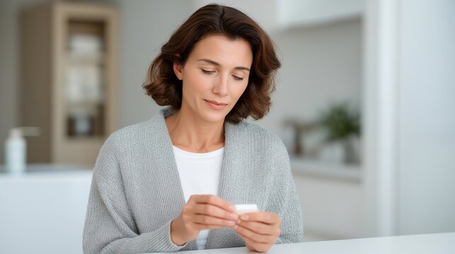 Woman with Hashimoto thyroiditis arranges daily pill organizer on minimalist white counter, fatigue in eyes, methodical care in hands, autoimmune daily routine, perfect for thyroid disease,