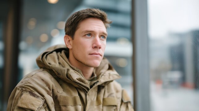 Young veteran in civilian clothes stares at a city job board through a rain-streaked window, determination and uncertainty on his face, ideal for military to civilian transition, urban career
