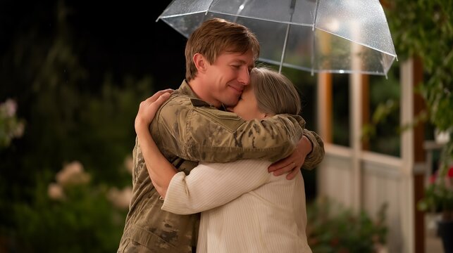 Rain-soaked homecoming moment on a front porch where a soldier in travel uniform embraces his elderly mother, umbrella dropped and forgotten, perfect for homecoming reunion emotion, family bond,