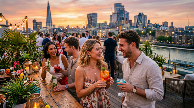Grupo de amigos disfrutando una fiesta de verano en una azotea de lujo al atardecer con ambiente tropical y estilo premium.