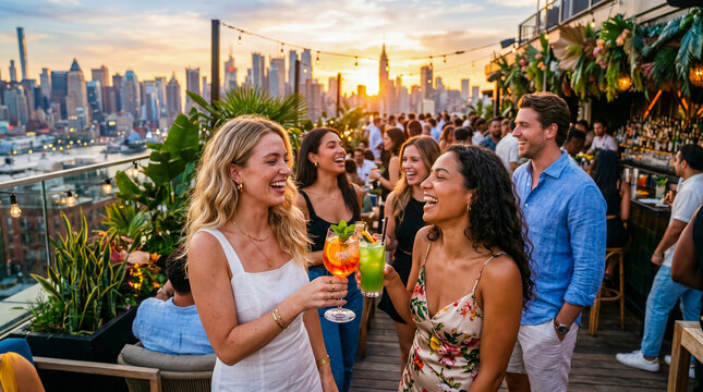 Grupo de amigos disfrutando una fiesta de verano en una azotea de lujo al atardecer con ambiente tropical y estilo premium.